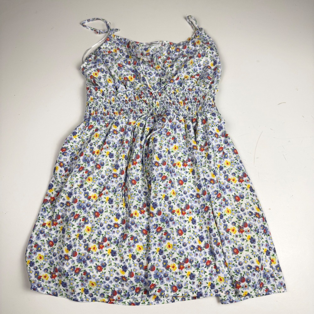 Women Blue Floral Smocked Fairy Waist Mini Sundress Large Adjustable Straps